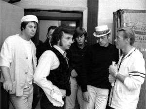 (UK OUT) LOS ANGELES - 1966: Music producer Phil Spector with "Beach Boys" Brian Wilson (on left), Mike Love (in hat), and "Righteous Brother" Bobby Hatfield (right) in 1965 at Gold Star Studios in Los Angeles, California. (Photo by Ray Avery/Getty Images)